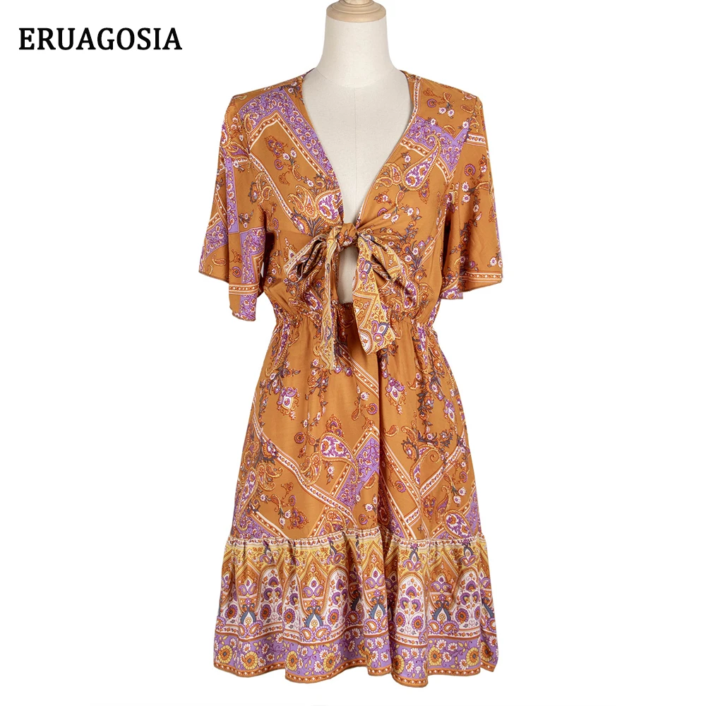 

Vintage Print Dresses Women 2021 Sexy V-neck Bow Short Sleeve Summer Dress Beach Vestidos Female Romantic Mini Sundress