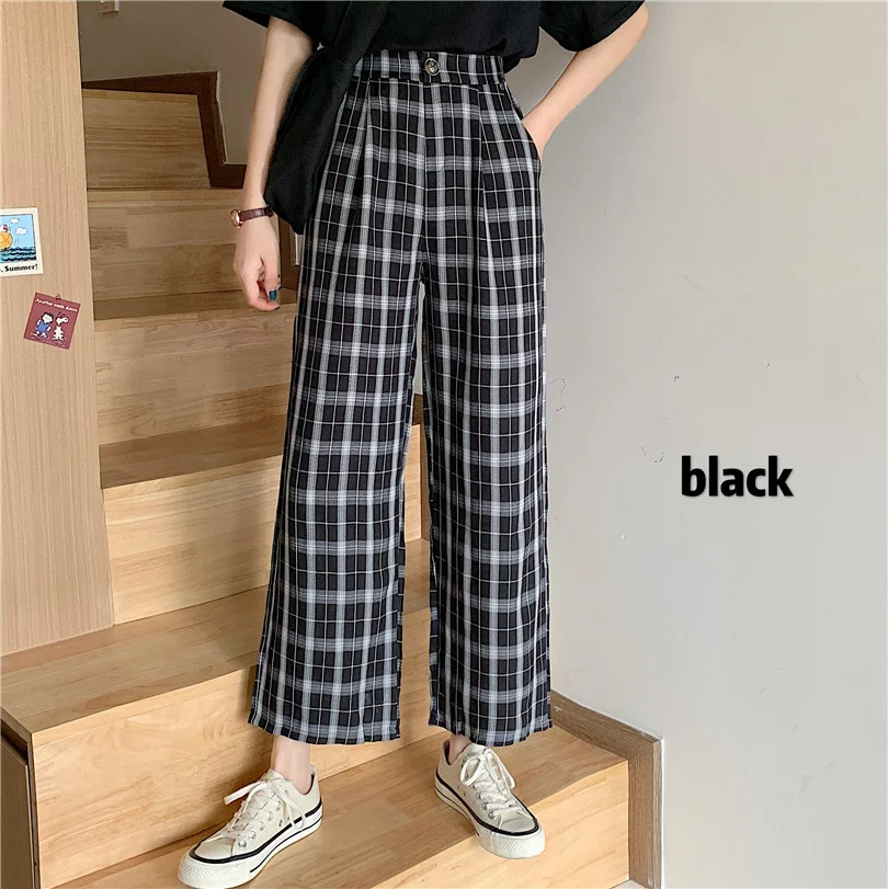 

Small 150cm Black and White Plaid Straight-Leg Pants Women's Autumn 145 High Cropped Loose High Waist Drooping Wide Leg Pants