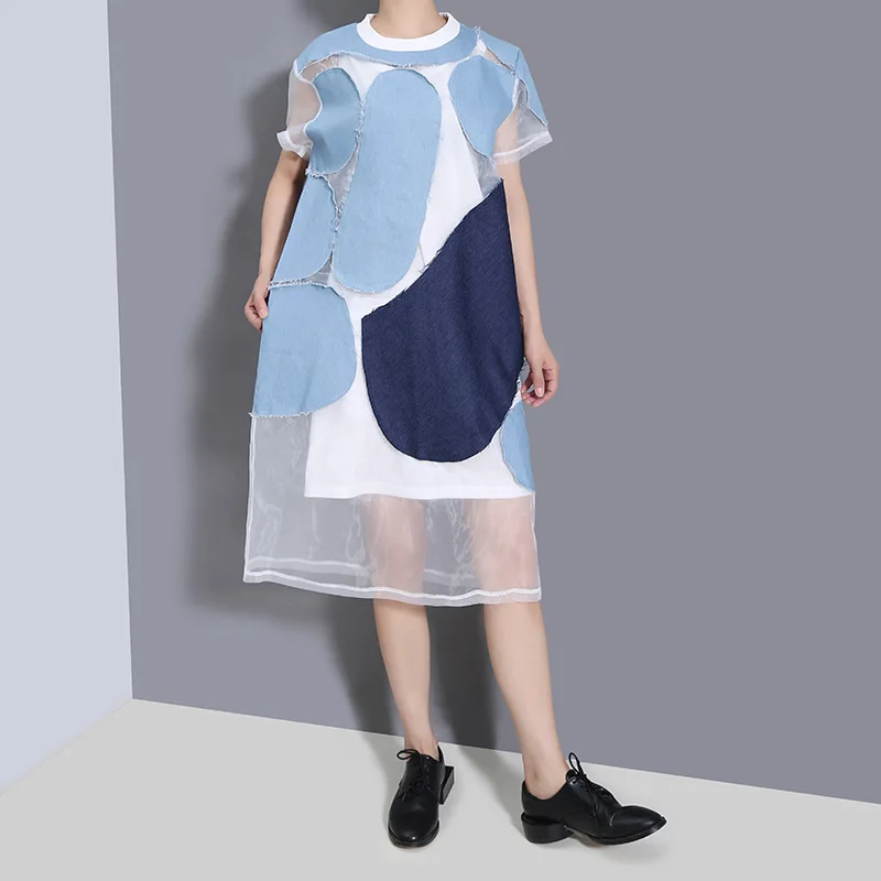 

Женское Сетчатое платье в стиле пэчворк Johnature, свободное Прозрачное платье с круглым вырезом и коротким рукавом, для лета, 2021