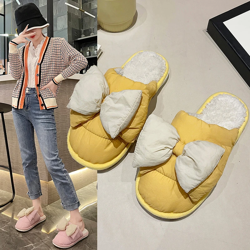 

Женские тапочки 2021, домашняя обувь, Симпатичные ботинки с бантом, женские осенне-зимние ботинки на плоской подошве, женские Тапочки