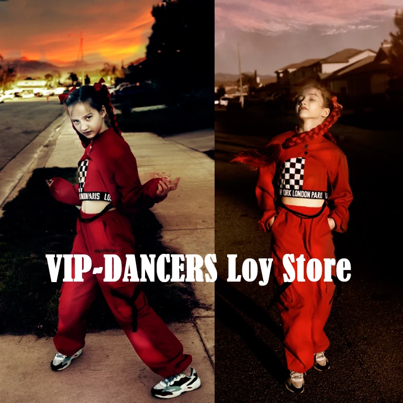 

New Children Hip Hop Jazz Dance Costumes Girls Winter Long Sleeve Red Tops Pants Vest Street Dance Drum Stage Costumes DQL2918