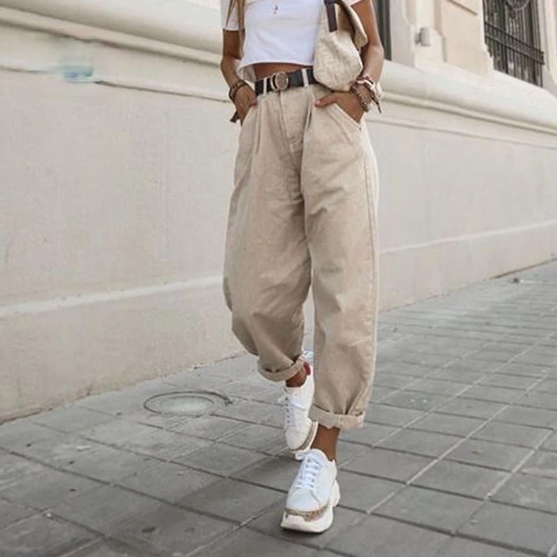 

Khaki Female Cargo Pants High Waist Harem Loose Jeans Plus Size Trousers Woman Casual Streetwear Women Jeans