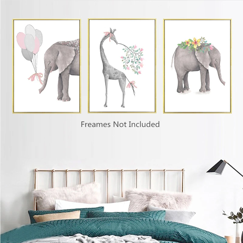 Woodland Nursery Wall Prints - Baby Bedroom Decor Elephant Balloon Deer Animal Whimsical Posters Pink Neutral Ar | Дом и сад