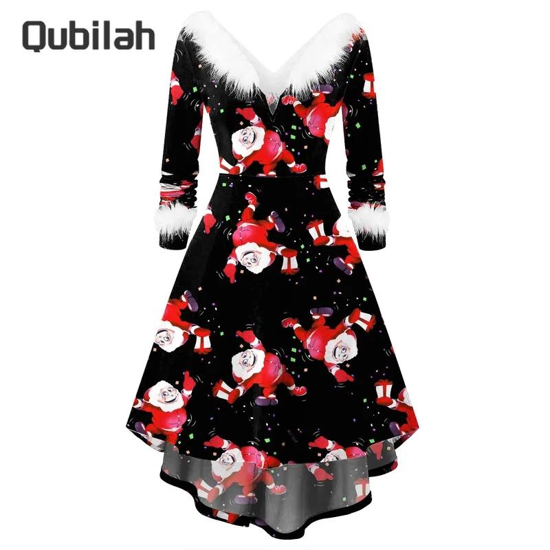 

Women's Dress Long Sleeve Christmas Dress Printing V Neck Irregular Dress Christmas Girl Autumn Winter New Fashion Evening Dress