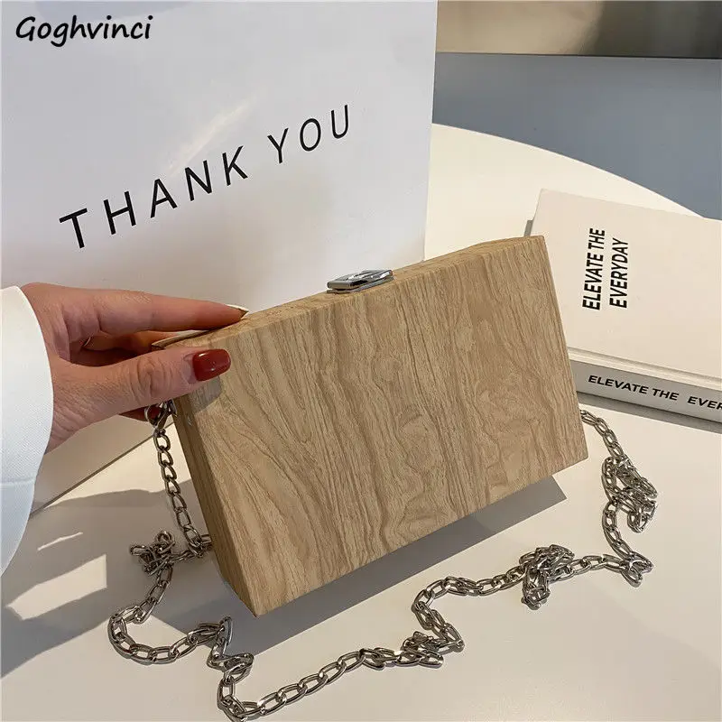 

Crossbody Bags Women PU Leather Wood Grain Box Chains Straps Fashion Chic Shoulder Bag Phone Purses Korean Style All-match Retro
