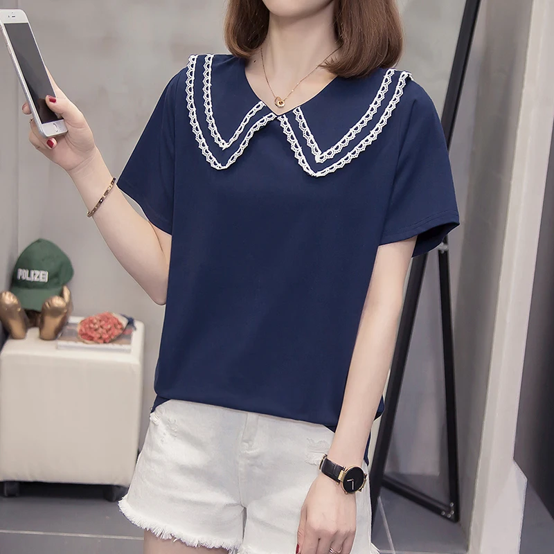 

XL-4XL Plus Size 2021 Summer Women T-Shirt Short Sleeves Sweety Tee Lace Patchwork Cotton Female Tees Womens Casual Loose Tops