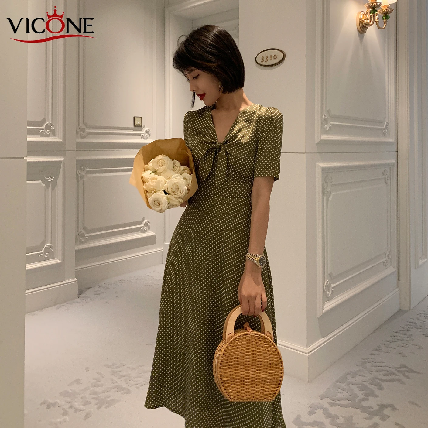 

VICONE Women France Style Print Vestidos Midi Elegant Summer Chic Dress Vintage Bodycon Female Casual Beach Dress