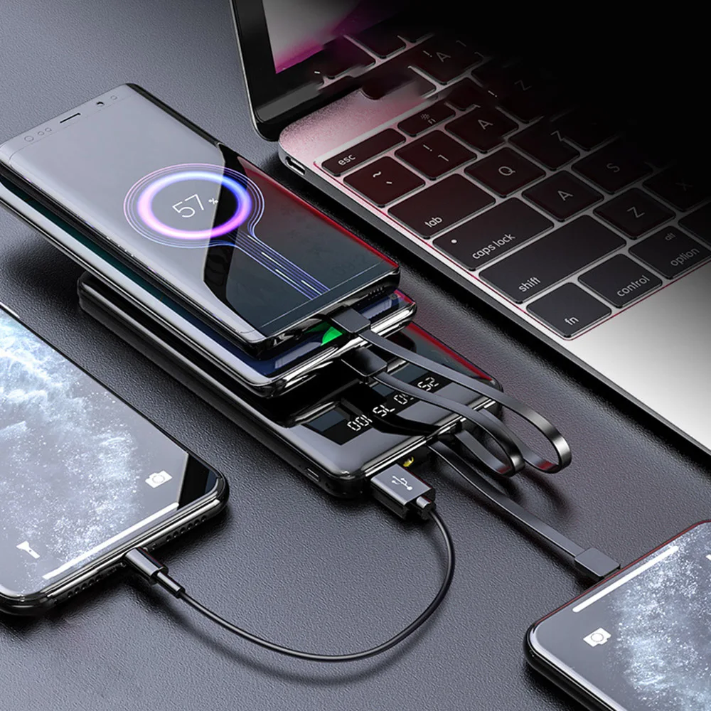 

PINZHENG 20000mAh Portable Power Bank Full Screen Built-in 3 Cables Powerbank Fast Charging External Battery For iPhone Xiaomi