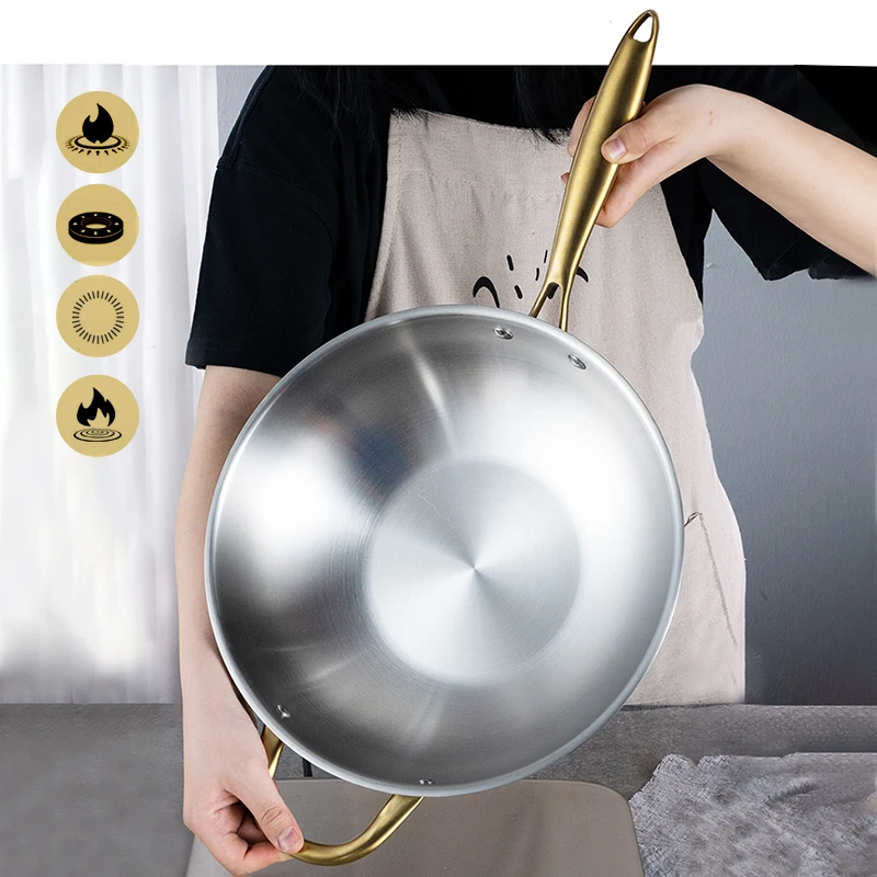 Wok антипригарная 304 нержавеющая сталь Бытовая без покрытия меньше дыма