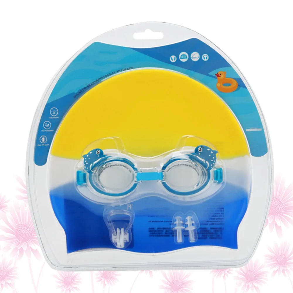 

1 Set Children Silicone Swimming Hat Anti-fog Diving Goggles Nose Clip Earplugs Kids Swimming Supplies (Blue)