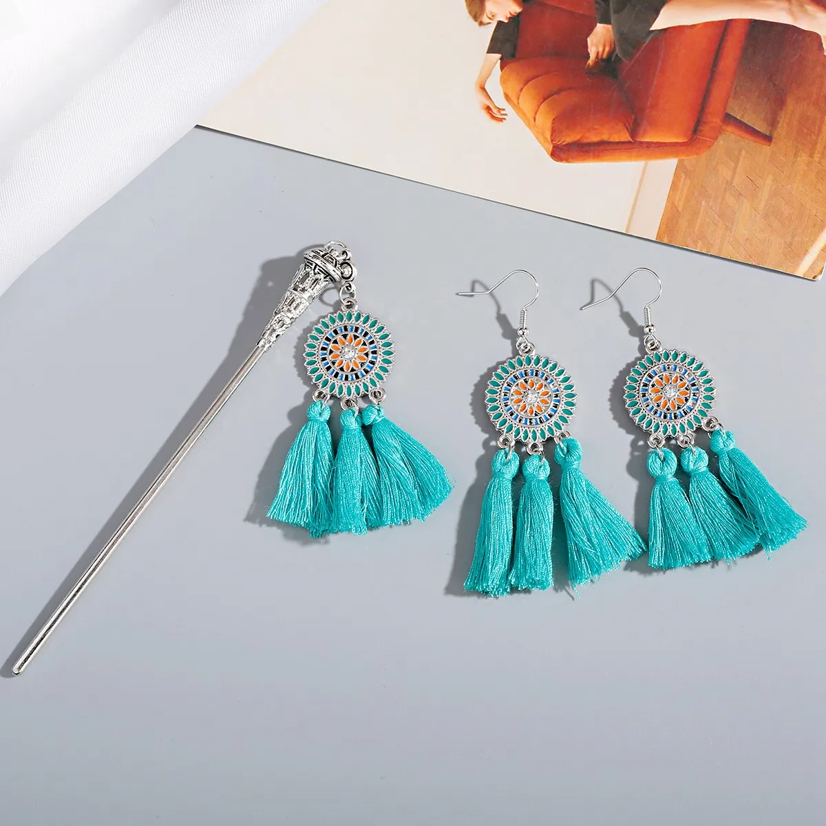 

2pcs Tassel Earring And Hairpin Set Boho Earrings For Women Vintage Hair Sticks Girl Accessory Pendan Jewelry Flower Fashionable