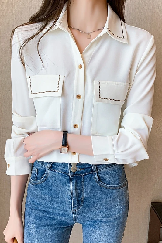 

COIGARSAM Brief Full Sleeve Shirt Womens tops Spring Embroidery V-Neck Women shirts Rice White 1762