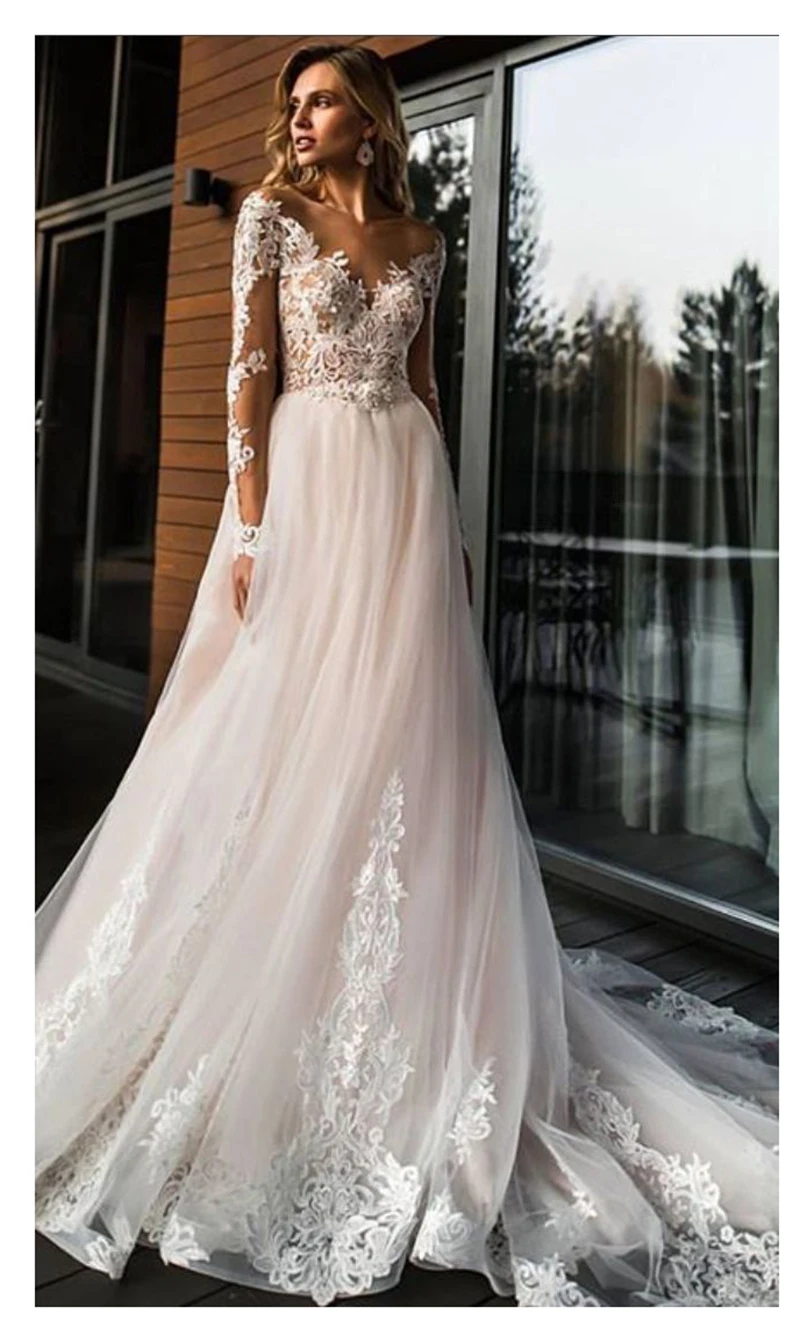 Vestido de novia белый слоновая кость Тюль свадебное платье с открытой спиной линии Свадебные платья для невесты с Длинными Рукавами Свадебное шелковое с аппликацией платья