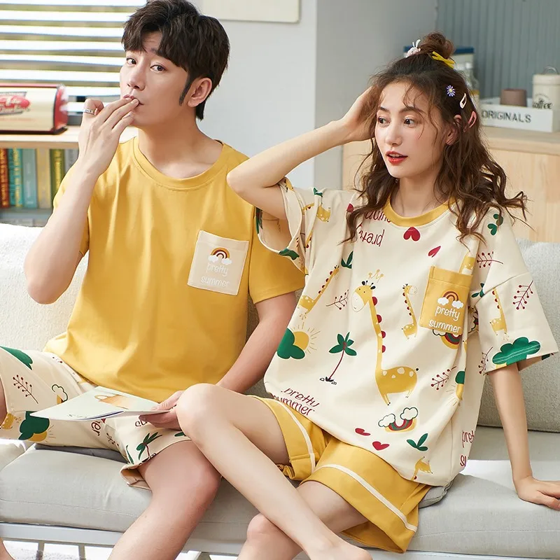 

Couple's Pajamas Set Summer Cotton Leisure Cartoon Giraffe Cute Women's Sleepwear Plus Size Short Sleeve Men And Women Homewear