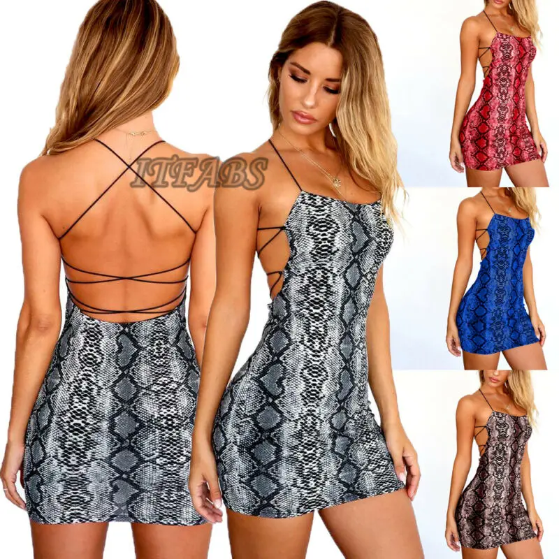 

Women's Sleeveless Bandage Snakeskin Summer Dress Bodycon Party Cocktail Club Short Mini Dress