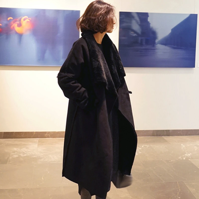 

2020 winter women fake suede leather outerwear long faux lamb wool shearling coats patchwork belt fake sheepskin coat black A182