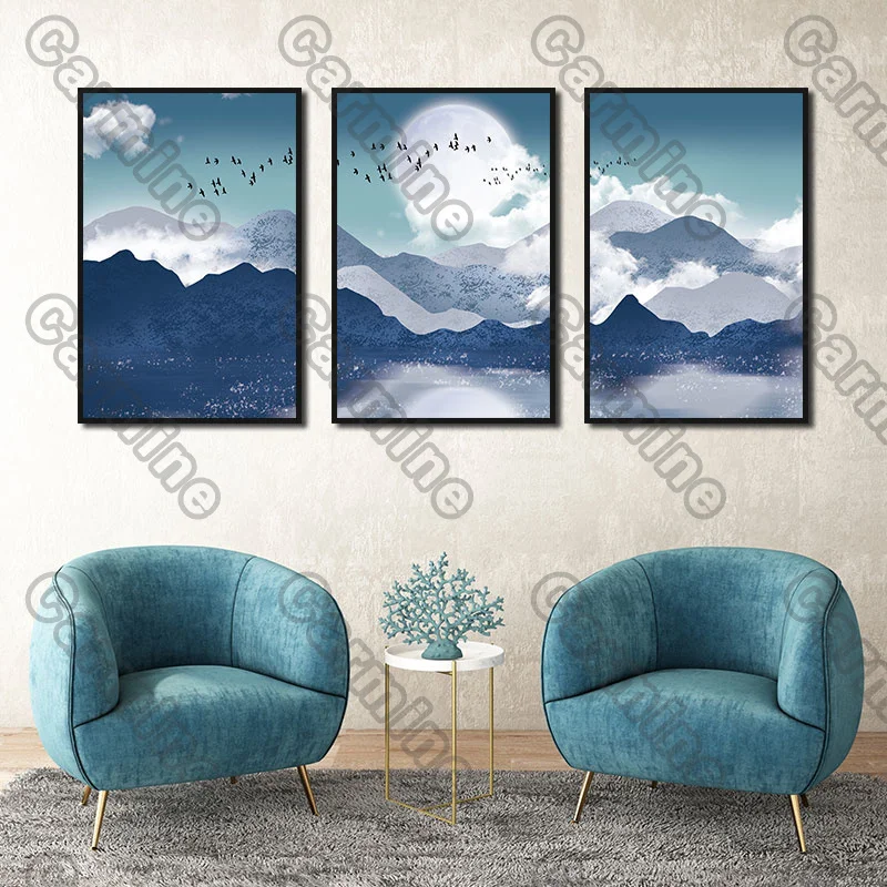 

Poster White Sun Cyan-Blue Mountains Landscape Canvas Painting and Prints Wall Art Pictures Decoration for Living Room 3Pcs