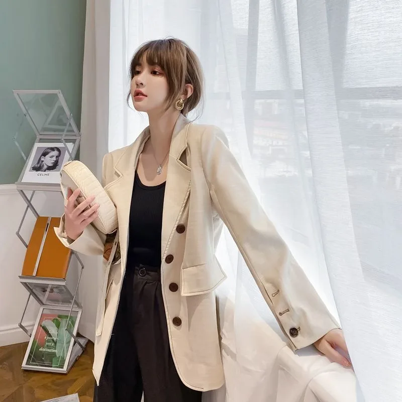 

Spring Beige Blazer Women New Lapel Long Sleeve Loose Oversized Blazer Jacket Fashion Autumn Quality Outerwear Suit Women D134
