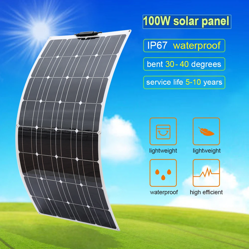 

100w Solar Panel 12V flexible Monocrystalline Silicon waterproof for home outdoor battery charger RV Boating Camping hiking Car