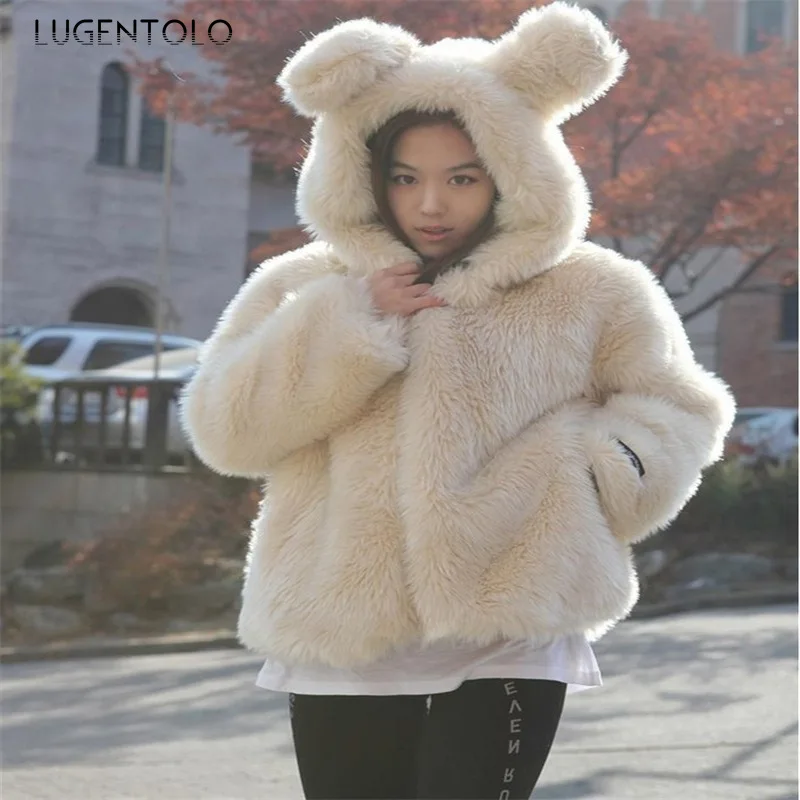 

Faux Fur coat Women Teddy Bear Ears Hooded Korean Thick Warm Fur Autumn Winter Solid Long Sleeve Fashion Winter Coat Lugentolo