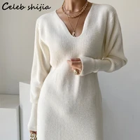new fall v neck white wool dress women chic long sleeve high waist knitted dresses female korean business elegant vestido winter