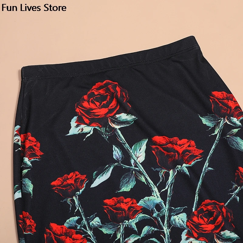 

Red Rose Women Elegant Skirts Summer Fashion Flower Knee Length Skirt Office Ladies Party Wedding Wear Clothes Summer Skirts