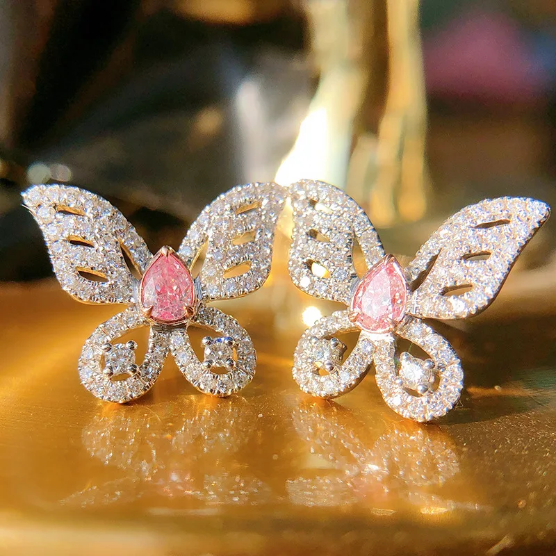 

2021 New Fashion Hollowed Butterfly Design Pink Crystal Earring For Women Classic Push-back Stud Earrings Fine Ear Jewelry