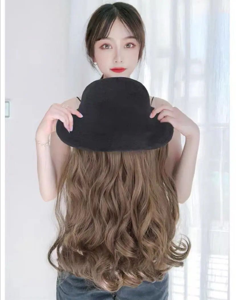 Парик шляпы интегрированные летние женские длинные вьющиеся волосы модный