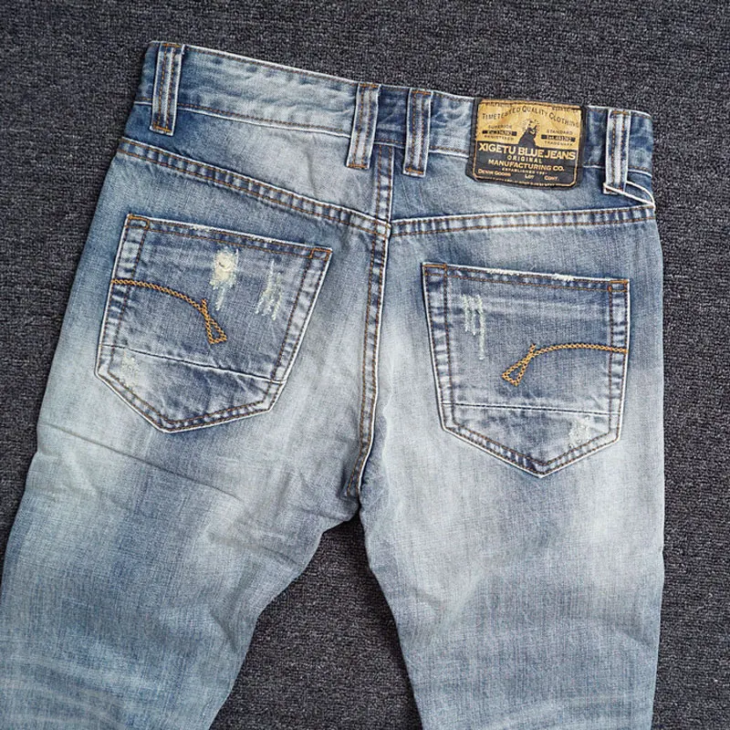 Korean Style Fashion Men Jeans Retro Light Blue Slim Fit Ripped Jeans Men Embroidery Designer European Street Denim Punk Pants