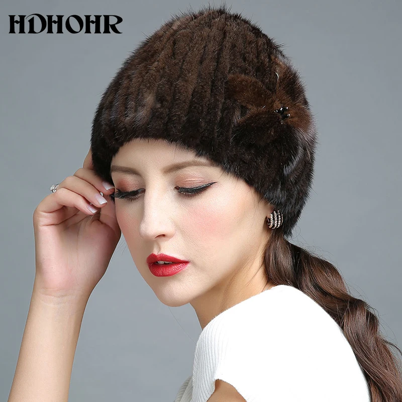 HDHOHR, новинка, меховая шапка, зимняя женская шапка из натурального меха норки, украшенная цветами, вязаные шапочки, модные женские меховые шапки