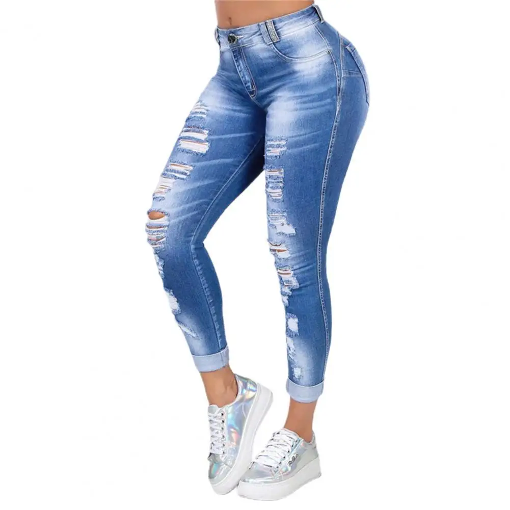 

Washed Ripped Jeans Women Plus Size High Waist Trousers Skinny Denim Jeans Hollow Bleached Pencil Pants Spring Autumn Long Pants