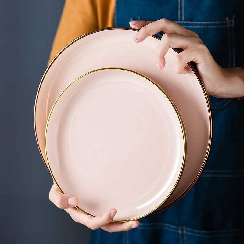 

8/10inch Ceramic Food Plates Luxury Gilt Rim Porcelain Cake Plate Tableware Dinner Dishes for Restaurant Round Flat Pasta Plates