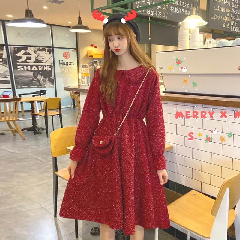 

Женское платье в Корейском стиле, свободного покроя, с кукольным воротником, приталенное, рождественское, с длинными рукавами, 2020