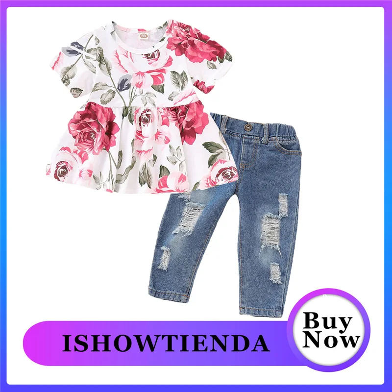 Топы с цветочным рисунком для новорожденных + длинные джинсовые штаны дырками