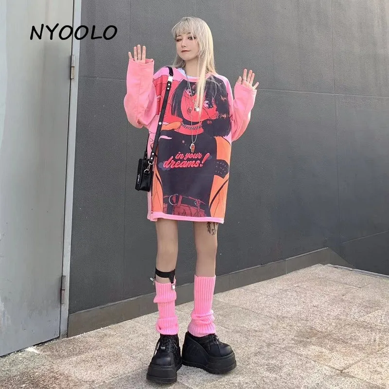 NYOOLO японский Harajuku Винтаж мультфильм аниме девушка печати футболка осень уличная свободная футболка с длинными рукавами для женщин и мужчин Топ