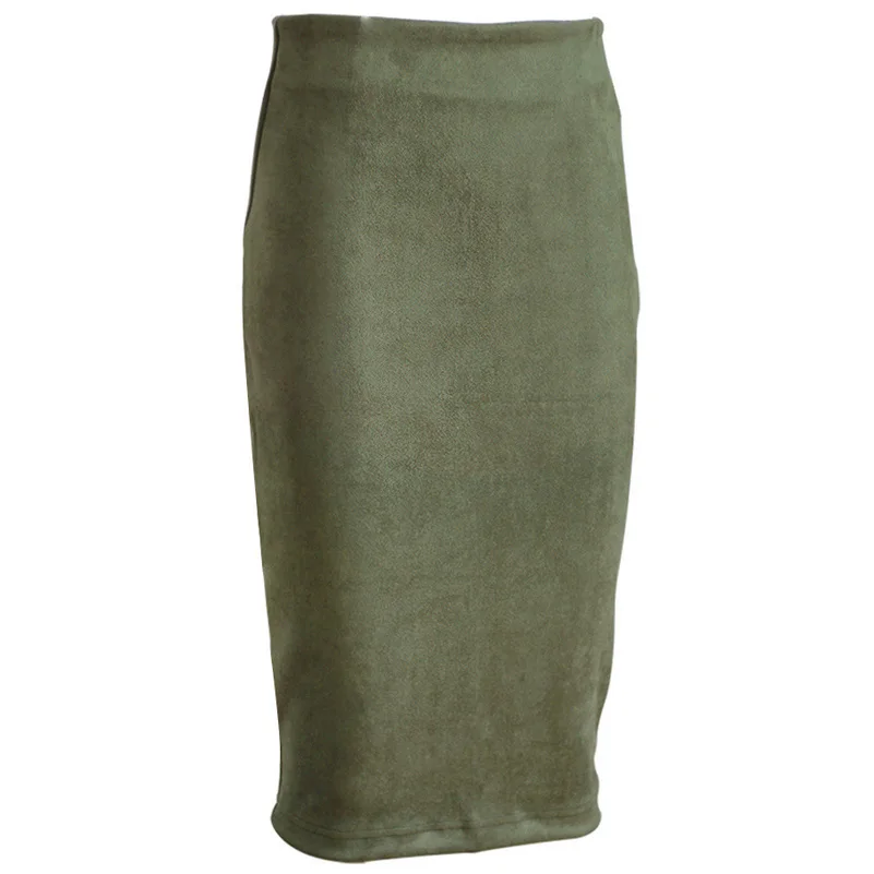 Army Green Super Deals Fashion Women Suede Solid Color Pencil Skirt Female Spring Autumn Basic High Waist Bodycon Split Knee Length Skirts - Цвет: Army Green