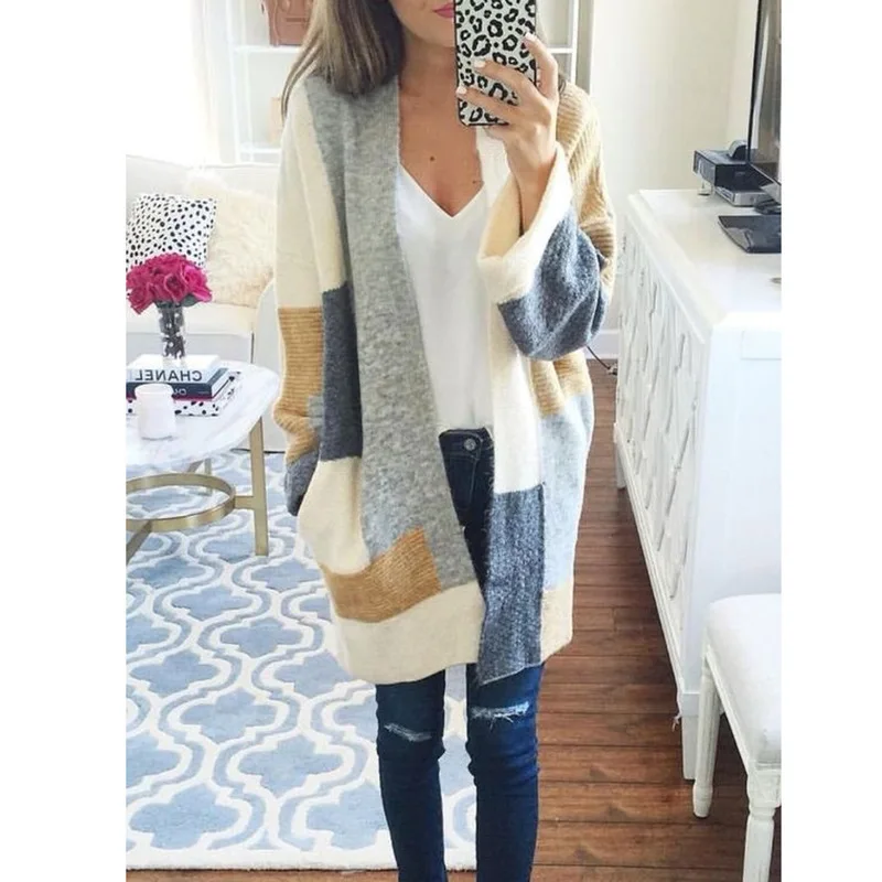 

women's coat versatile color matching sweater 2020 medium length sweater cardigan