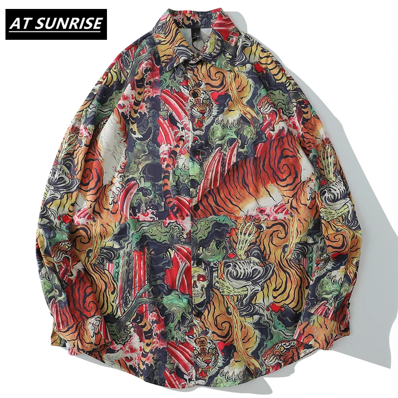 Хип хоп Harajuku рубашка в японском стиле Мужская Уличная оверсайз Ретро винтажная с
