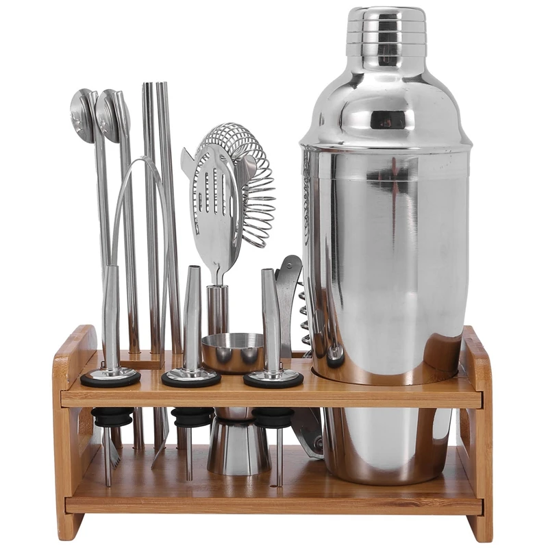 

Набор посуды для бара из нержавеющей стали 750 мл, набор шейкеров с бамбуковой подставкой, набор барных инструментов, набор шейкеров