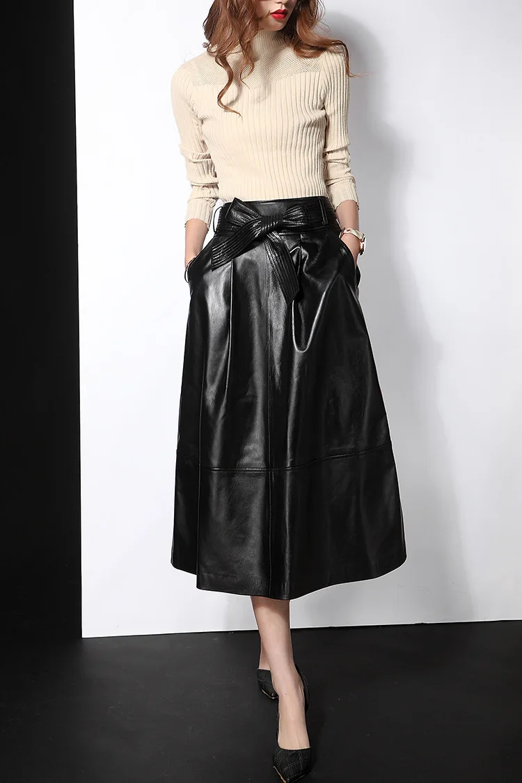 

Genuine Leather Skirt Women Natural Real Sheepskin Sheep Skin High Waist Long Maxi Luxury Runway Designer Ladies Skirts