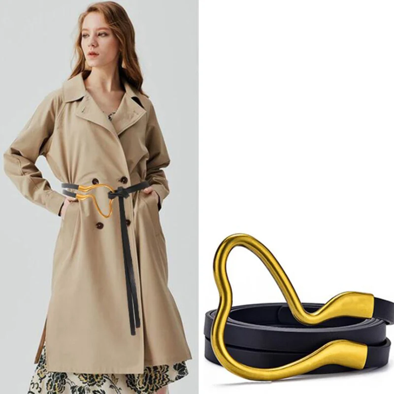 

Ремень из натуральной кожи Женский, модный пояс с большой пряжкой в форме подковы, пояс из воловьей кожи для джинсовых брюк и платьев