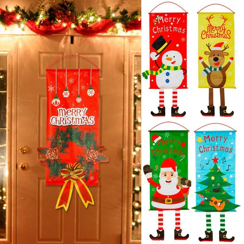 

Christmas Ornament Santa Claus Snowman Hanging Banner Flags Decorations for Merry Xmas Navidad New Year Home Porch Door Decors