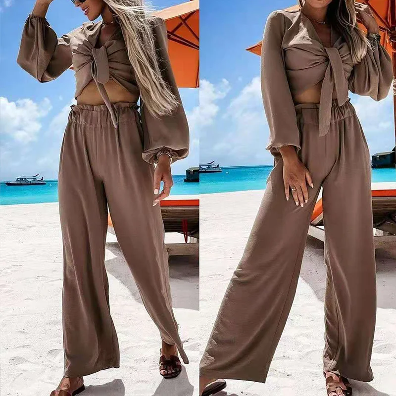 

2021 Women Fashion Casual Loose Solid Two Piece Sets Office Lady Elegant Bandage V-Neck Tops And High Waist Pants Suits Outfits
