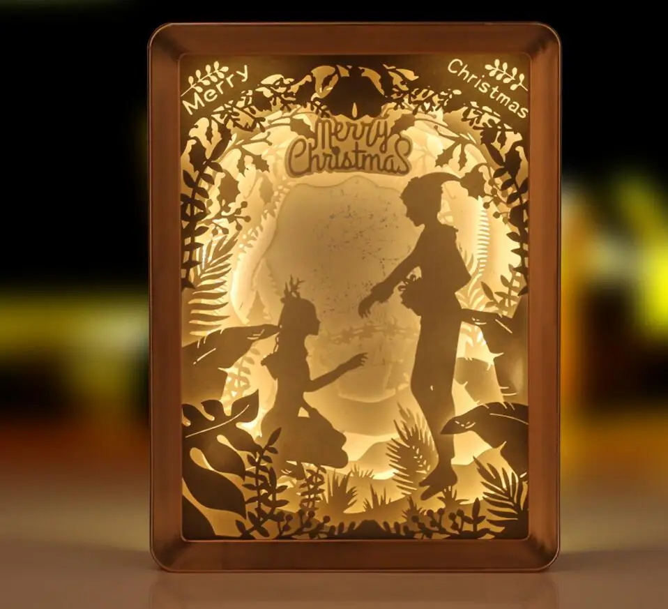 

USB Christmas Elf 3D Paper carving LED Desk lamp Night light Frame Shadow For Home Office Wedding Decorate Birthday Favor Gift
