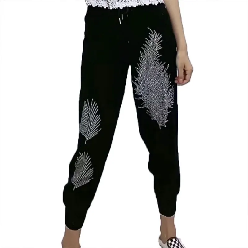 

2020 Autumn New Korean High Waist Butterfly Hot Diamond Black Pants Women Plus Size Loose Trousers Harem Pants Thin Feet Woman