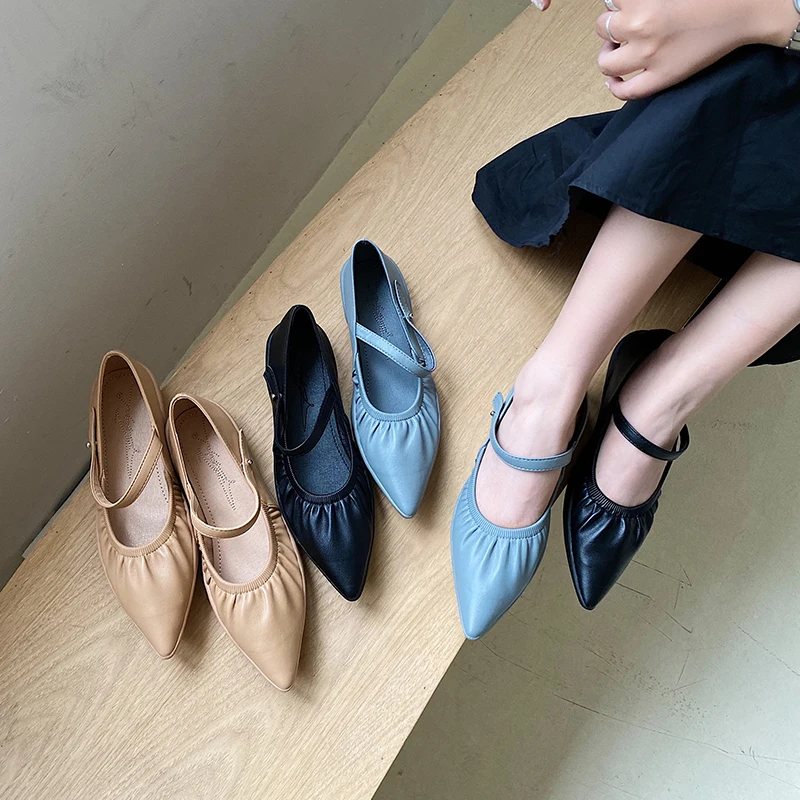 

Pointed flat peas shoes with folds, one-word buckle women's single shoes, spring and autumn new all-match work shoes