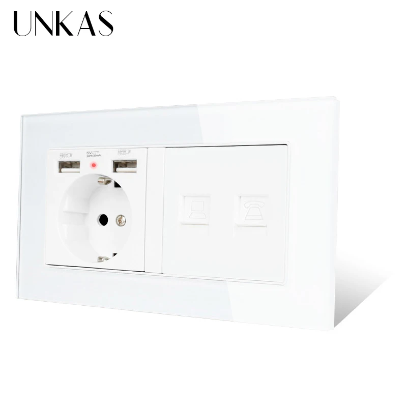 UNKAS кристальная закаленная панель настенная розетка стандарта ЕС с 2 usb-портом для
