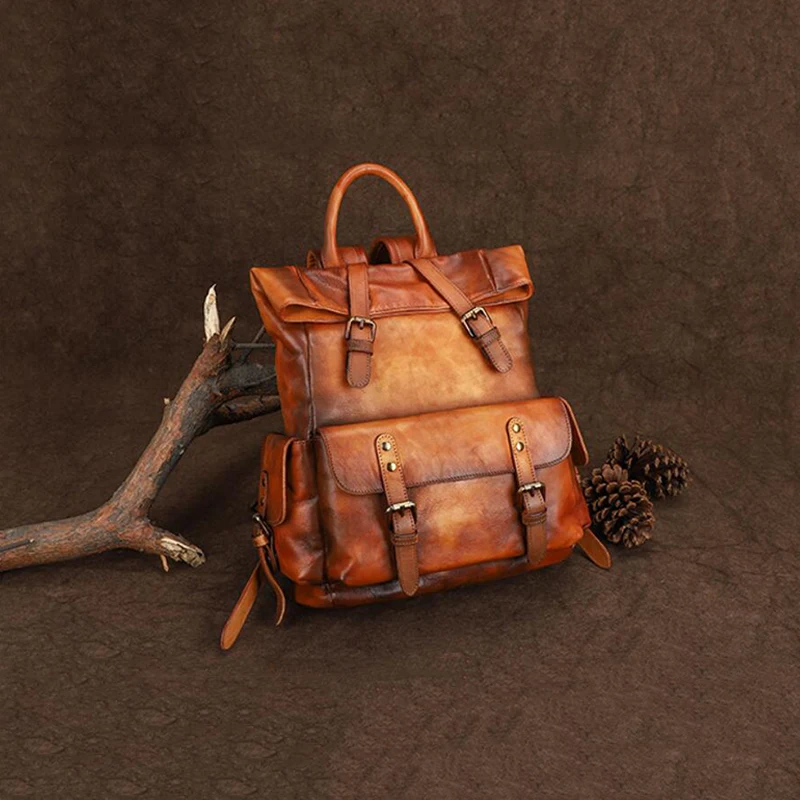 Мужской винтажный рюкзак из воловьей кожи дорожный ручной работы натуральной с