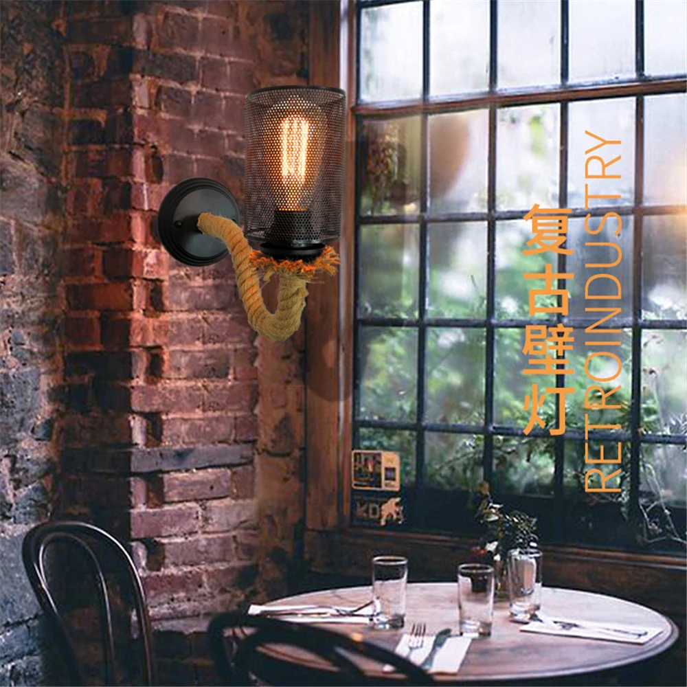 

American Country Hemp Rope Iron mesh lampshade Wall Lamp Retro Light Wall Sconce Living Loft Lighting Stairs Light Indoor Lamps