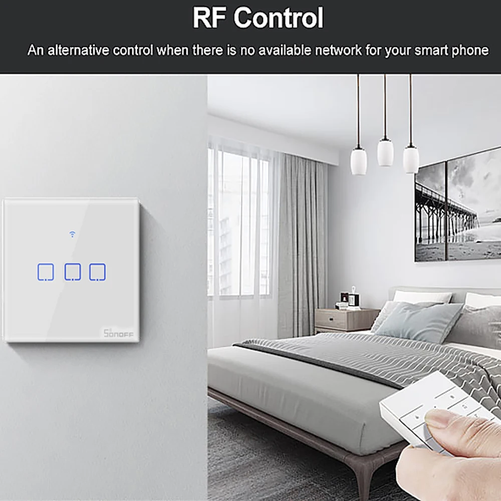 Интеллектуальный выключатель света SONOFF T2 ЕС/Великобритании партии 1/2/3 Wi-Fi настенный Панель розетка для управления светом 433 МГц RF/сенсорный экран/eWelink Беспроводной дистанционного Управление Google Home Alexa